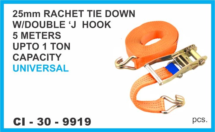RATCHET TIE DOWN WITH 'J' HOOK 25 MM,5 METERS UPTO 1 TON CAPACITY TRUCK&TRAILER RED