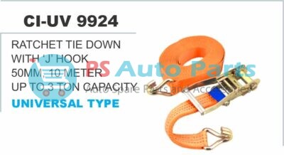RATCHET TIE DOWN WITH 'J' HOOK 50 MM,10 METERS UPTO 3 TON CAPACITY UNIVERSAL TYPE