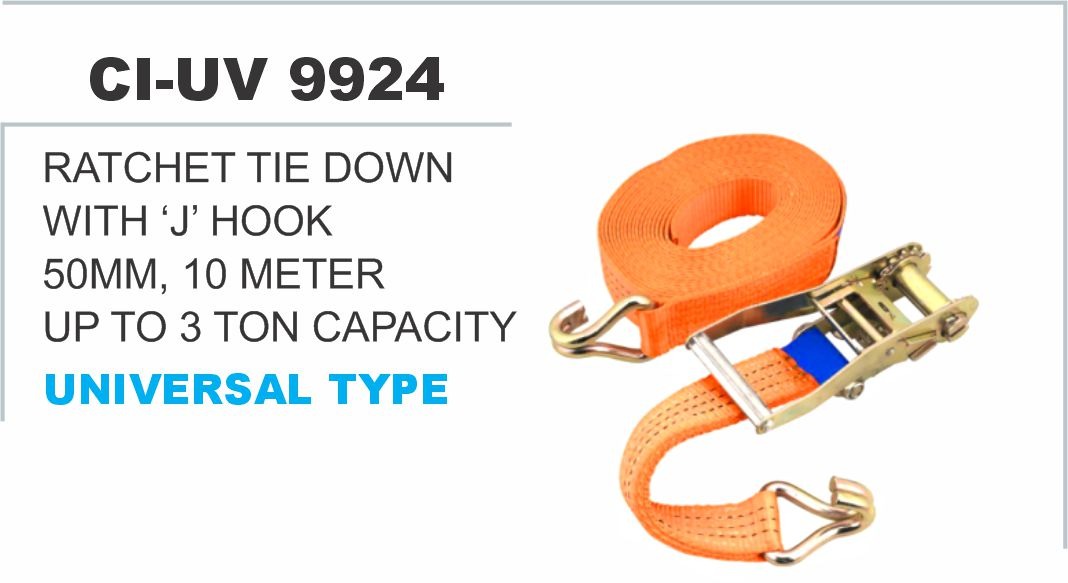 9924.jpg RATCHET TIE DOWN WITH 'J' HOOK 50 MM,10 METERS UPTO 3 TON CAPACITY UNIVERSAL TYPE