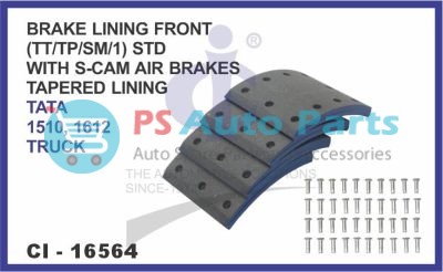 "BRAKE LINING FRONT SET OF 4 PCS (TT/TP/SM/1) STD WITH S-CAM AIR BRAKES TAPERED LINING TATA 1510, 1612 TRUCK"