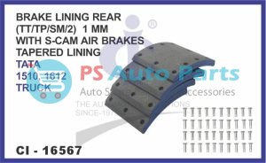 16567.jpeg "BRAKE LINING REAR SET OF 4 PCS (TT/TP/SM/2) 1 MM WITH S-CAM AIR BRAKES TAPERED LINING TATA 1510, 1612 TRUCK"