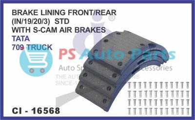 16568.jpeg BRAKE LINING FRONT/REAR SET OF 4 PCS (IN/19/20/3) STD WITH S-CAM AIR BRAKES TATA 709 TRUCK