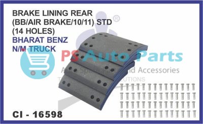 16598.jpeg BRAKE LINING REAR SET OF 4 PCS (BB/AIR BRAKE/10/11) STD (14 HOLES) BHARAT BENZ N/M TRUCK