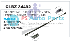"GAS SPRING EJECT FORCE 380N, LENGTH-612MM, STROKE-246MM, M BENZ ,ACTROS MP3, MP2 TRUCK"